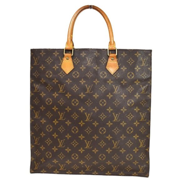 LOUIS VUITTON Logo Sac Plat Hand Tote Bag Monogram Leather Brown - Picture 1 of 15